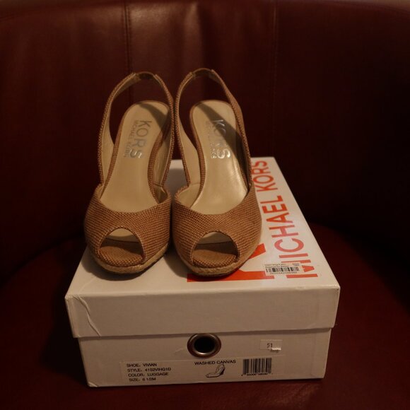 $250 Michael Kors Vivian Washed Canvas peep toe sandals espadrilles beige 6.5 M - Picture 6 of 13